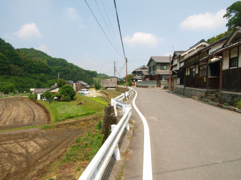 道路を挟んで家と水田